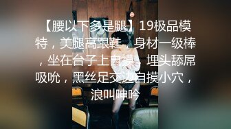 【腰以下多是腿】19极品模特，美腿高跟鞋，身材一级棒，坐在台子上自摸，埋头舔屌吸吮，黑丝足交边自摸小穴，浪叫呻吟