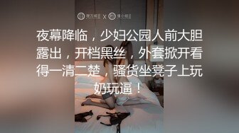 夜幕降临，少妇公园人前大胆露出，开档黑丝，外套掀开看得一清二楚，骚货坐凳子上玩奶玩逼！